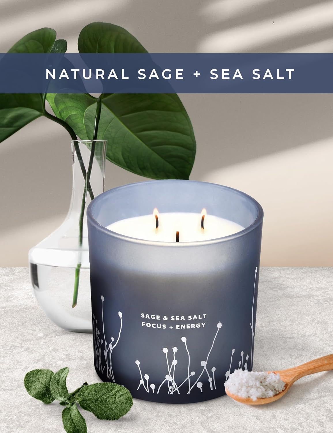 White Sage Sea Salt 3 Wick Candle - Large Soy Scented Candle 14.5 Oz - Sage Candle for Cleansing House - Aromatherapy Energy Cleansing Sage Scented Candles for Women & Men