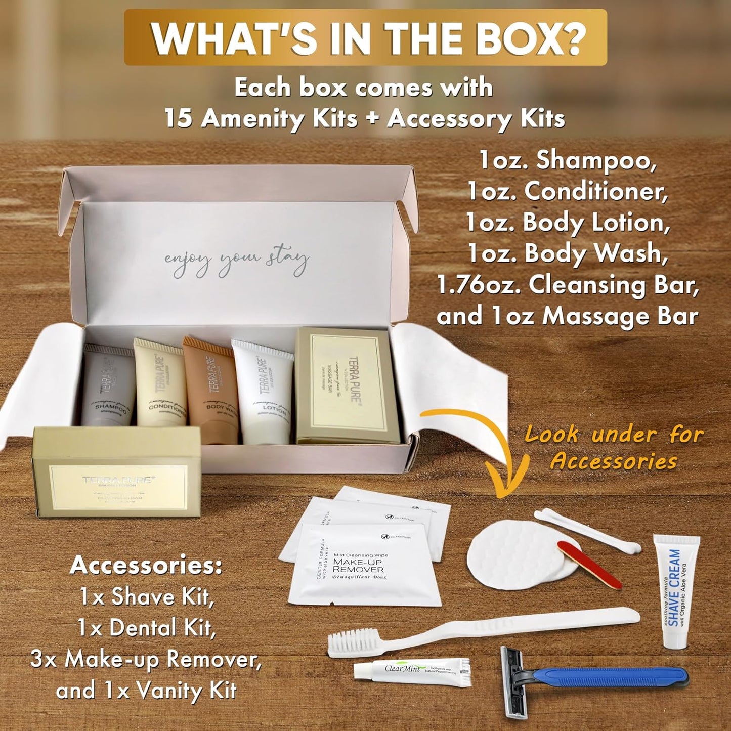 Spa Collection Amenity & Accessory Kit |0.85 Oz Travel Size Shampoo, Conditioner, Lotion, Body Wash, 2 Soap Bars, Shave & Dental Sets, Make-Up Remover Wipes, & Vanity Kit | 15 Sets/Case