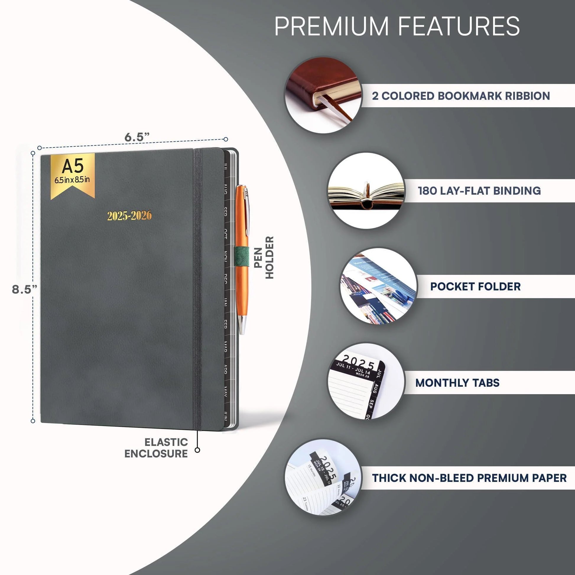 2025 2026 HARDCOVER Leather Planner Weekly & Monthly 6.5 * 8.5 Inches Academic Planner Business Personal or Student Pen Holder Thick Paper July 2025 June 2026 (Dark Grey)