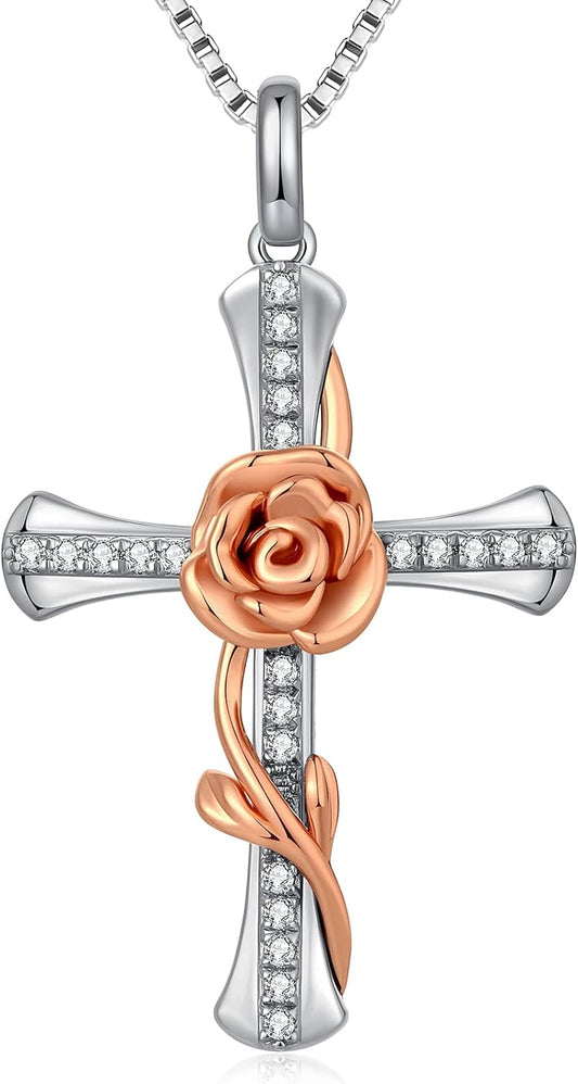 Rose Cross Necklace for Women 925 Sterling Silver Infinity Rose Cross Pendant Cubic Zirconia, Cross Jewelry Gift for Women Mom