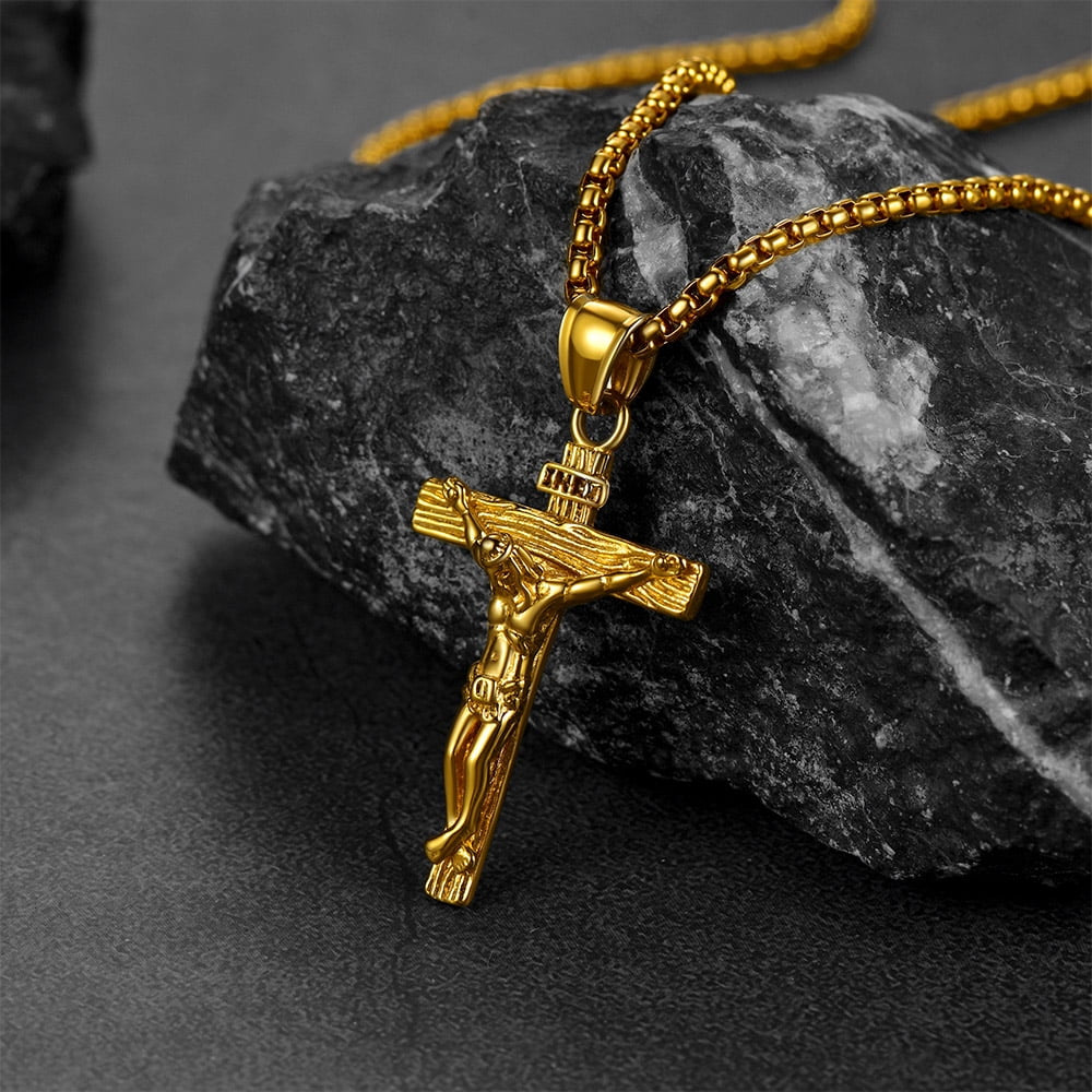 INRI Cross Pendant Crucifix Necklace Mens Gold Plated Religious Catholic Christian Neck Chains Jewelry Gift for Women Mom Birthday