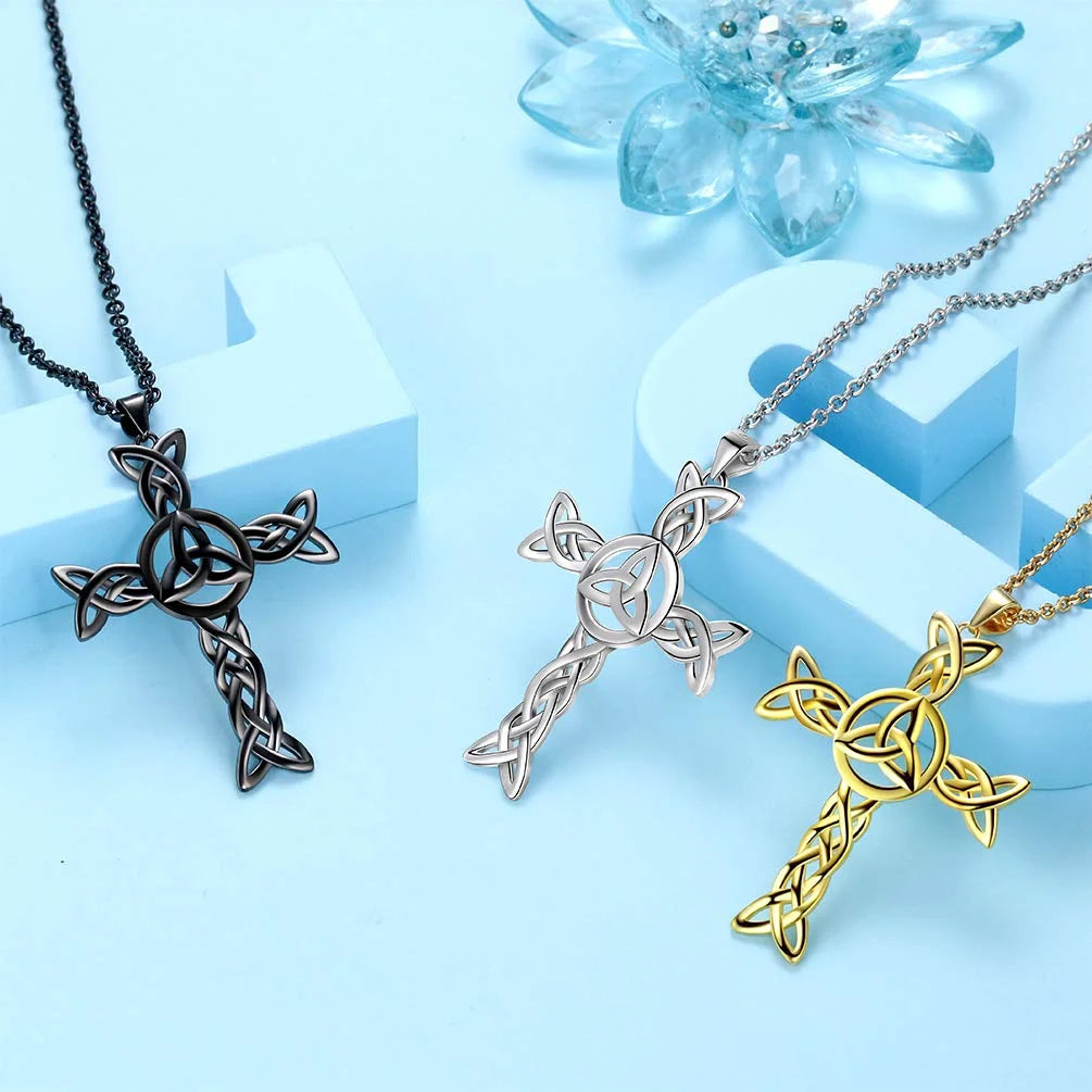 925 Sterling Silver 18K Gold Plated Celtic Cross Necklace for Women Men Trinity Triquetra Knot Pendant Necklace Irish Religious Jewelry Fathers Day Gift
