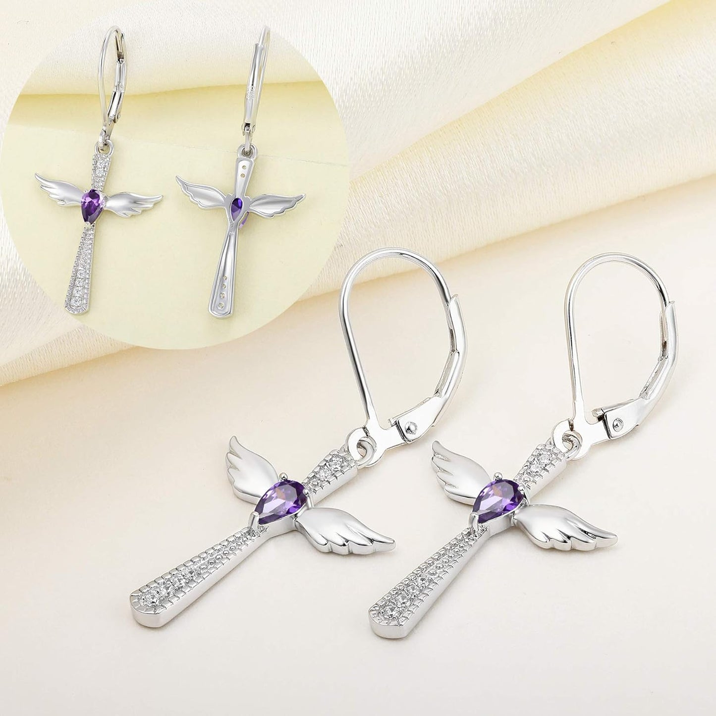 925 Sterling Silver Cross Dangle Drop Earrings Pear Cut Birthstone Angel Wings Leverback Earrings for Women
