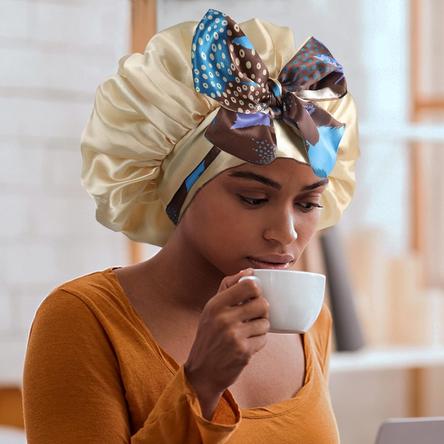 Satin Bonnet for Sleeping, Silk Bonnet Hair Wrap, Double Layer Large with Tie Band Night Cap, Gifts for Women