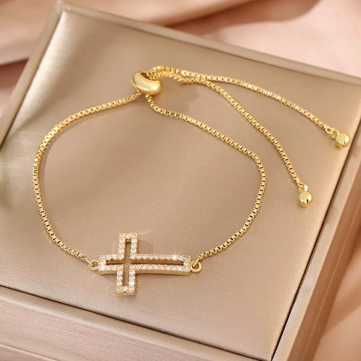 Fashion Copper Zirconia Cross Bracelet Men Women Universal Gold Simple Adjustable Chain Bracelet Party Jewelry