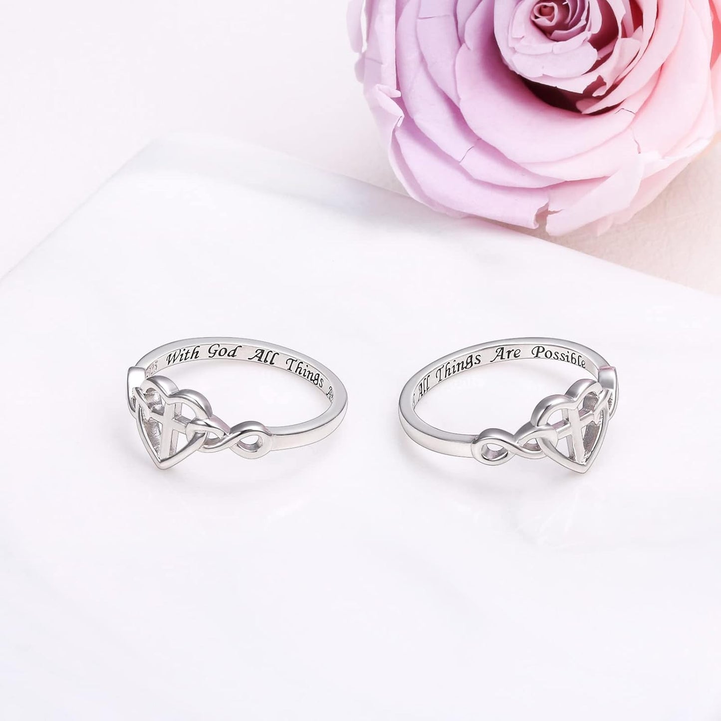 S925 Sterling Silver Christian Cross Heart Inspirational Faith Bible Verse Necklace & Rinags for Women Teen Jewelry