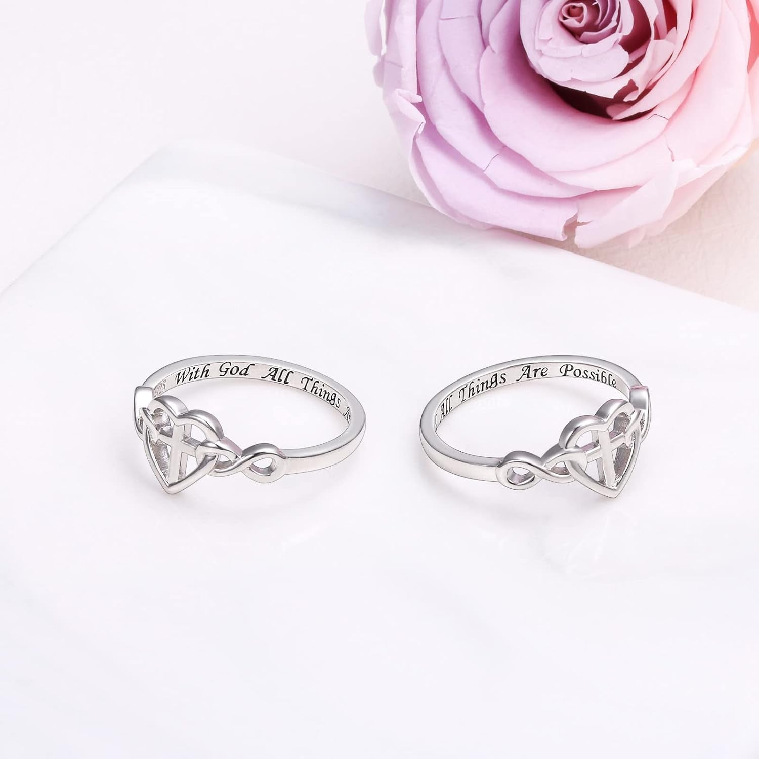 S925 Sterling Silver Christian Cross Heart Inspirational Faith Bible Verse Necklace & Rinags for Women Teen Jewelry