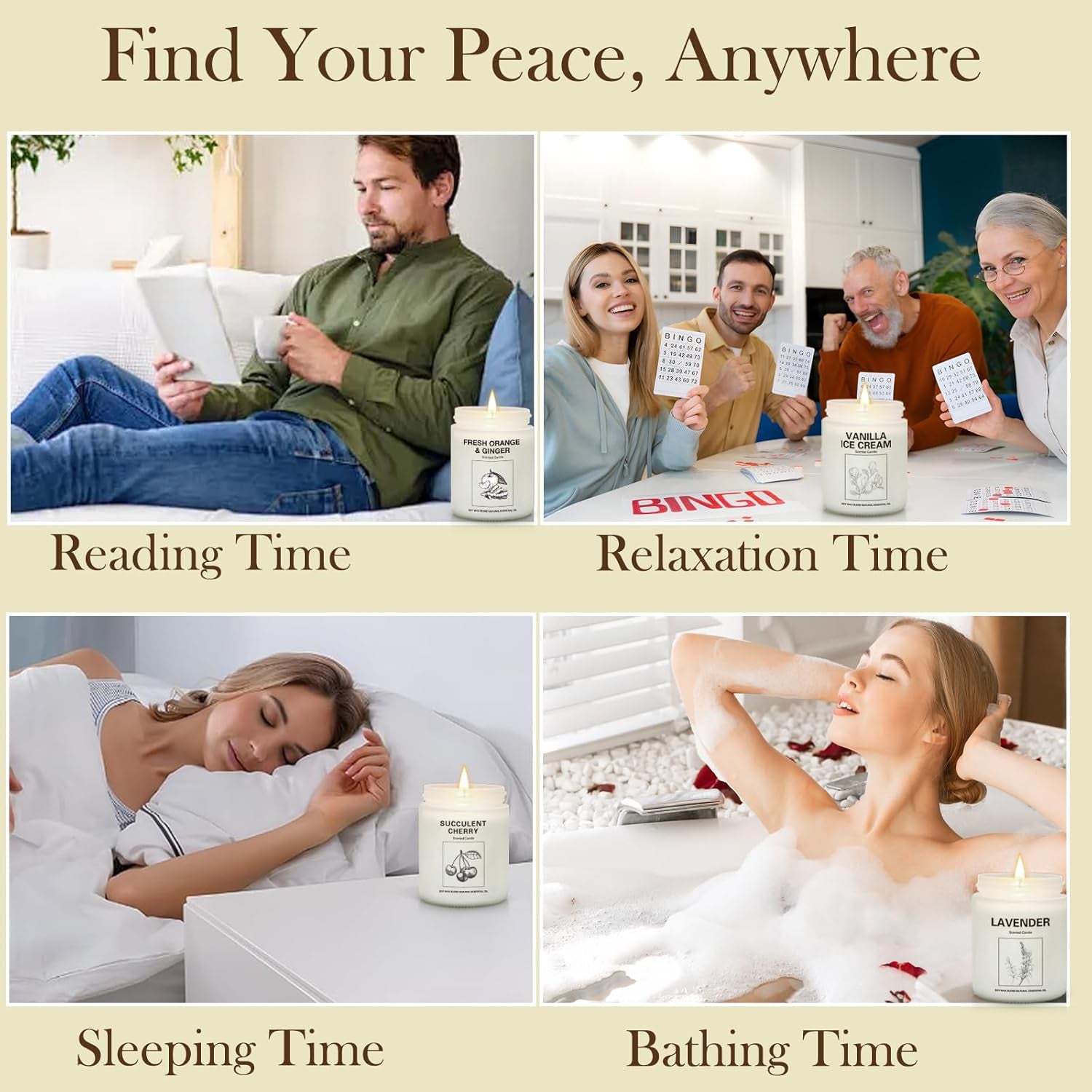 Soy Wax Scented Candle Gift Set, 4 Pack Lavender, Orange & Ginger, Vanilla Scents, Long Lasting Aromatherapy Candles for Home, Relaxing Holiday & Thanksgiving Christmas Gifts for Women, Mom & Friends