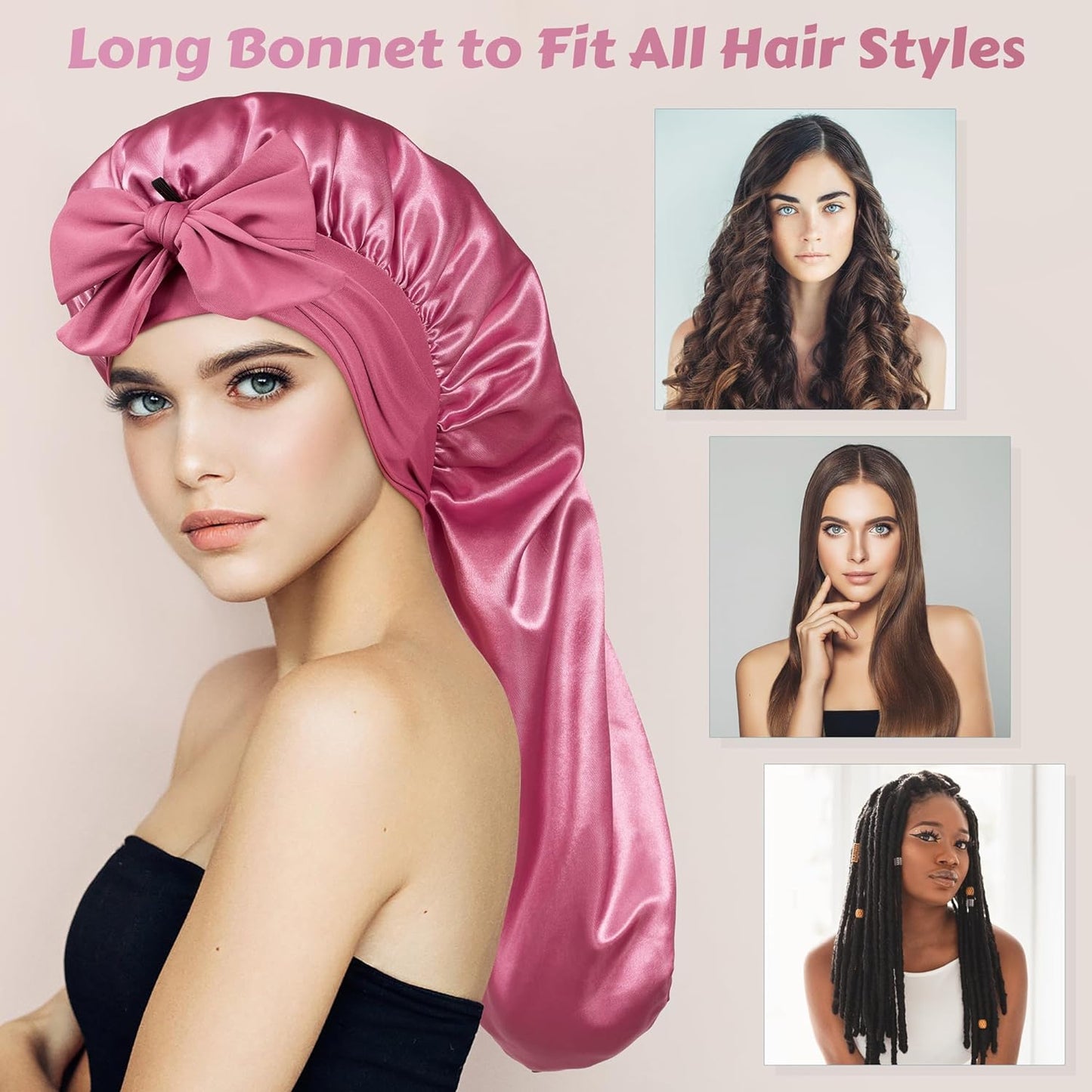 Long Bonnet Satin Hair Silk Bonnet for Sleeping Women, Silky Bonnets for Women with Tie Band, Sleep Cap for Braids Curly Hair