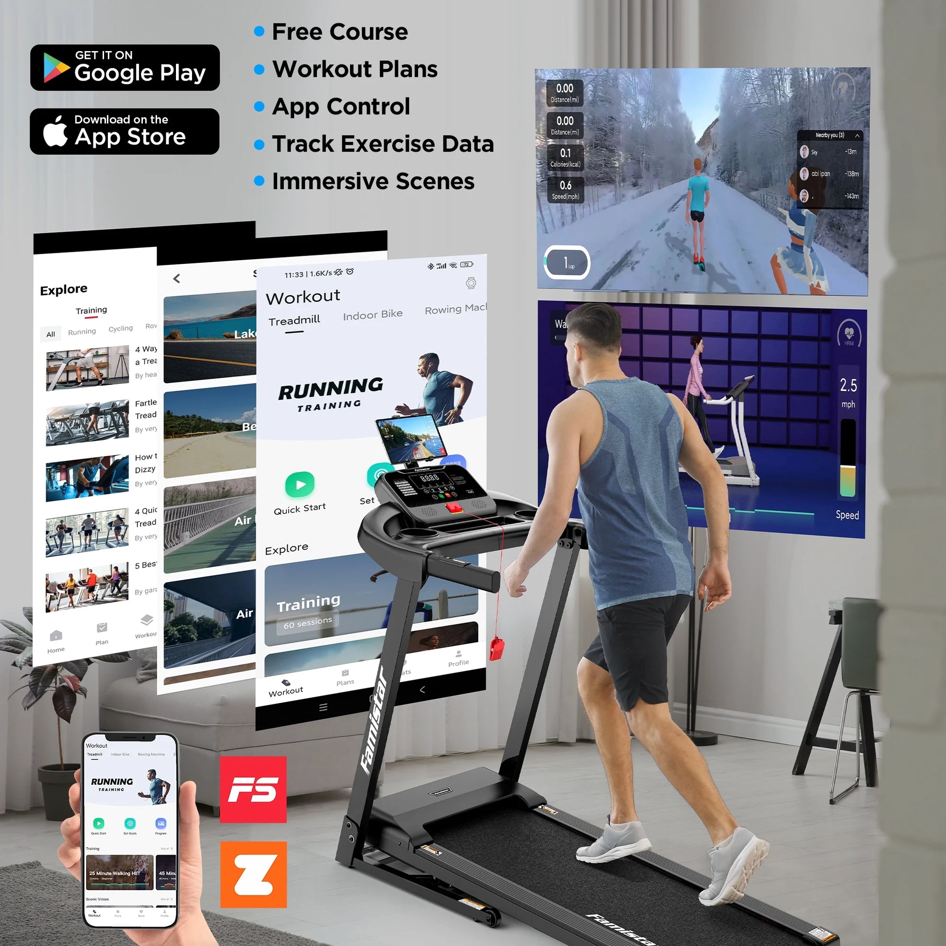 Treadmill 300 LB Capacity for Home with Incline, Folding Electric Running Walking Treadmill, Portable Treadmill for Home Use, 7.5 MPH, Smart Apps, 64+7 Programs, Bluetooth Speakers