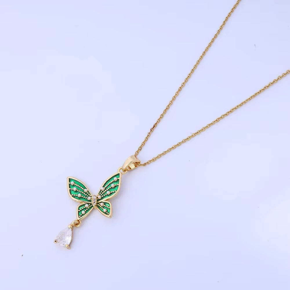 Fashionable and High-End Green Pearl Butterfly Water Droplet Necklace for Female Actors, Elegant Temperament, Versatile Titanium