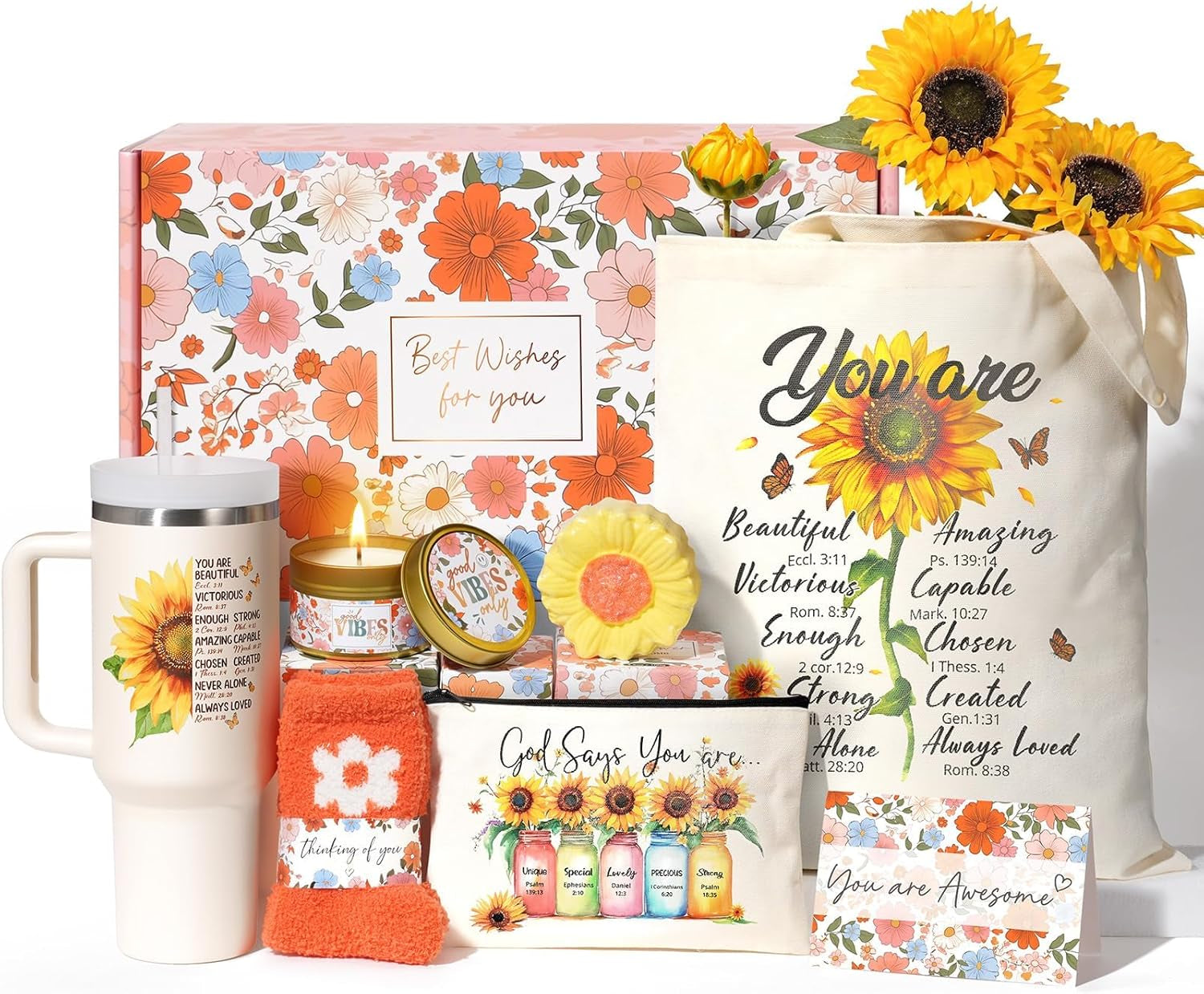 Christian Gifts for Women Faith, Religious Catholic Christmas Gifts for Women Mom Grandma Sister Coworker Inspirational Spiritual Sunflower Gift Birthday Gift for Woman with Makeup Bag 40 OZ Tumbler