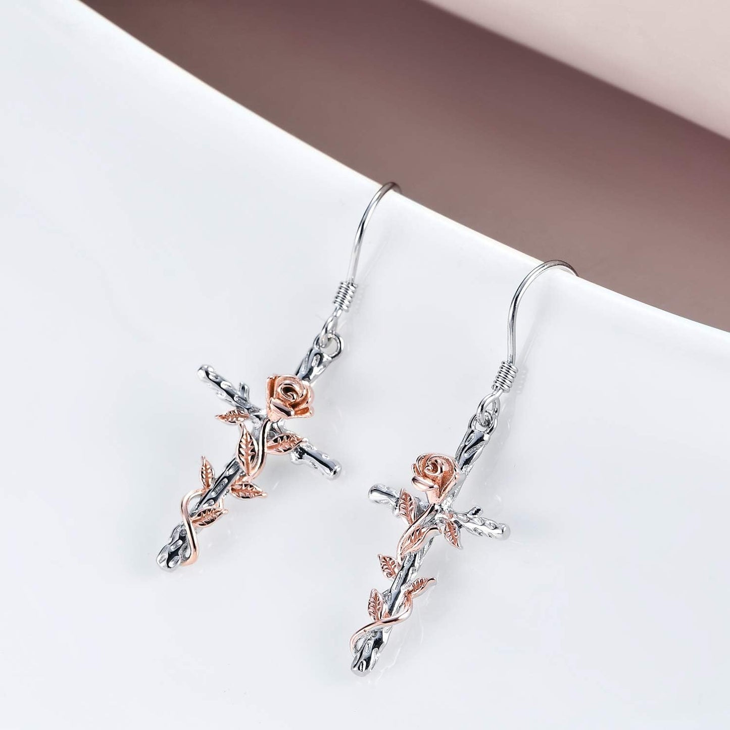 Cross Earrings Sterling Silver Rose Flower Cross Dangle Earrings Jewelry Gifts for Women