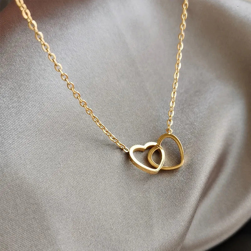 Double Heart Gold Plated Pendant Necklace