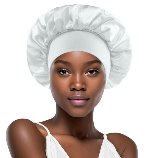 White Silk Bonnet for Sleeping Women Silk Hair Bonnet for Sleeping Curly Hair Braids Large Satin Sleep Cap Wide Band Night Caps