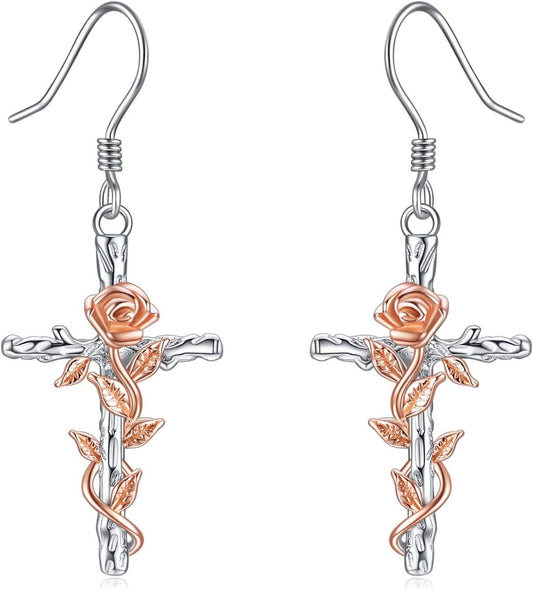 Cross Earrings Sterling Silver Rose Flower Cross Dangle Earrings Jewelry Gifts for Women
