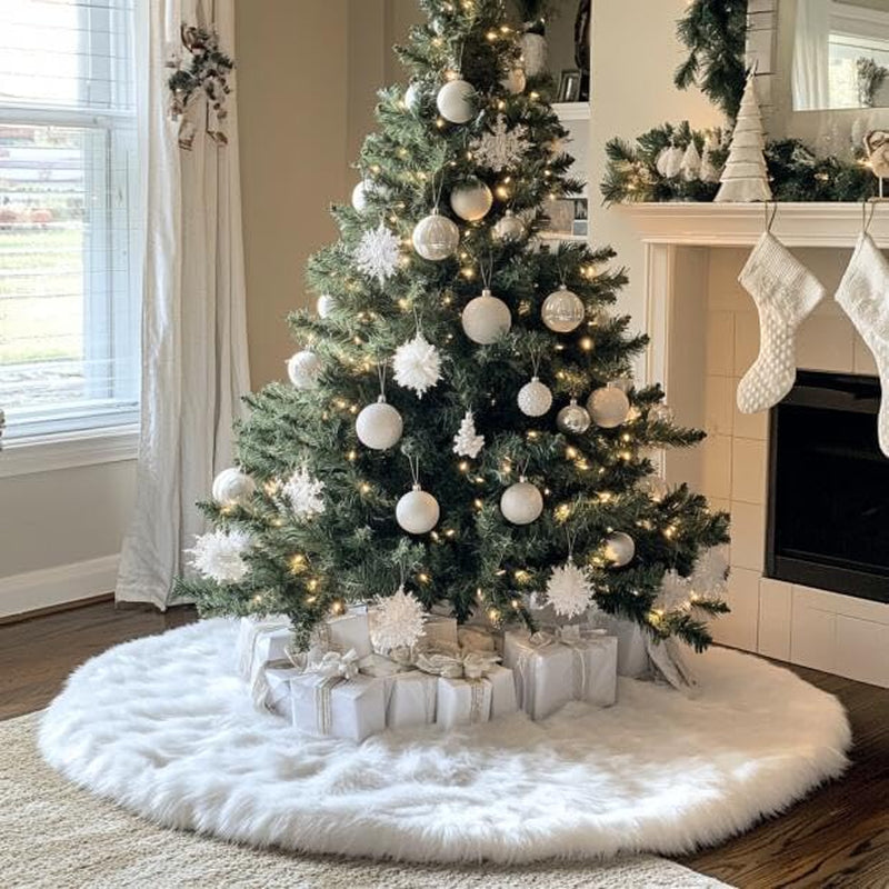 48-Inch White Faux Fur Christmas Tree Skirt for Holiday Decor