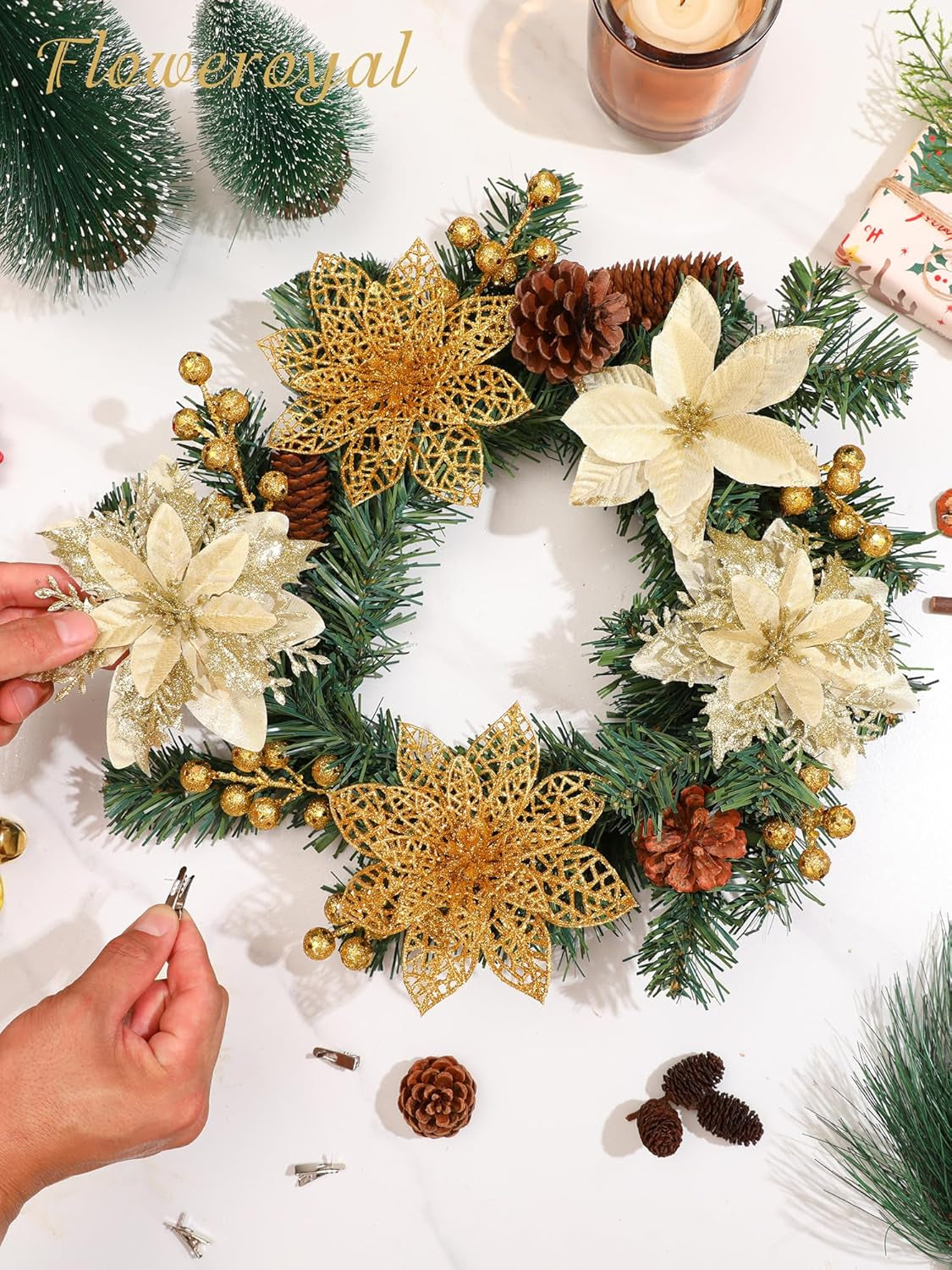 30 Pcs Gold Poinsettia Artificial Flowers with Clips for Holiday Decor