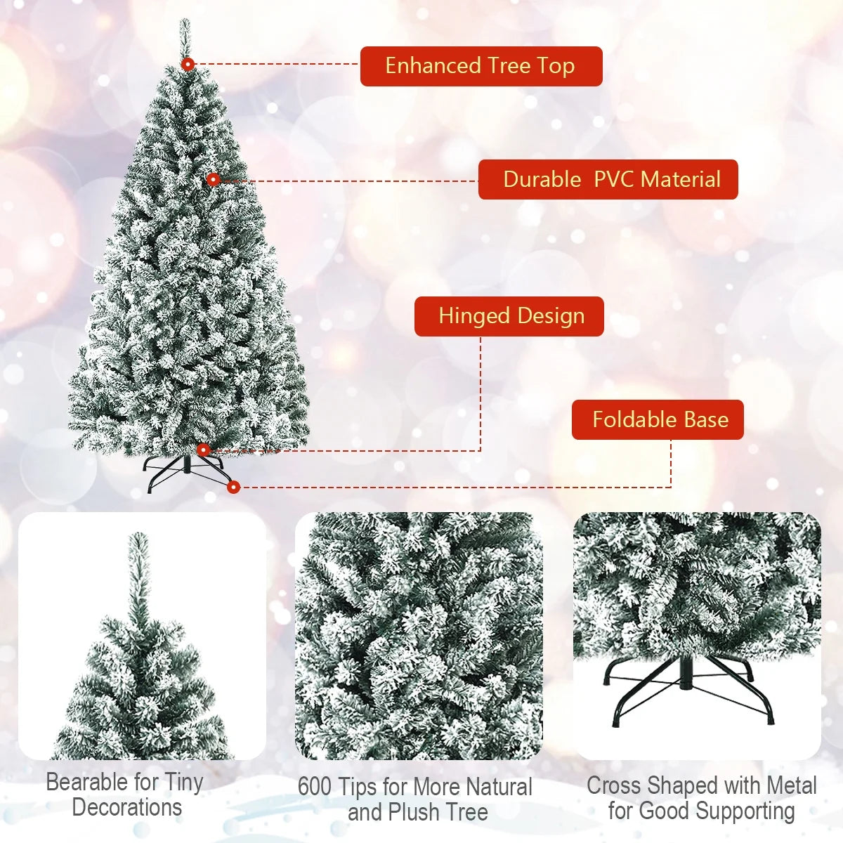 6Ft Snow Flocked Hinged Artificial Christmas Tree Unlit Holiday Decor