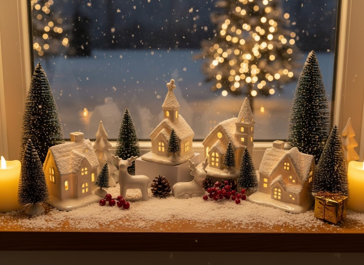 Ceramic Christmas Village Set - 13-Piece Holiday Decor with Trees & Deer