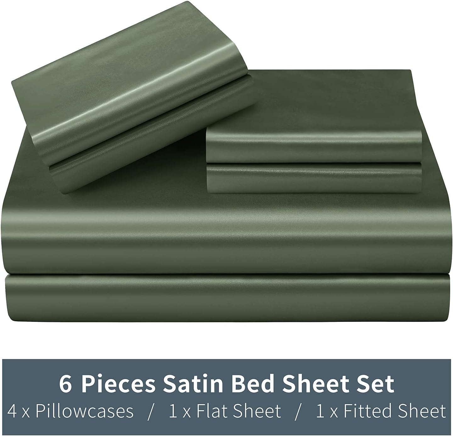 6 Pieces King Satin Sheets Luxury Silky Woodland Green Satin Bedding Sheet Set, 1 Deep Pocket Fitted Sheet + 1 Flat Sheet + 4 Pillow Cases