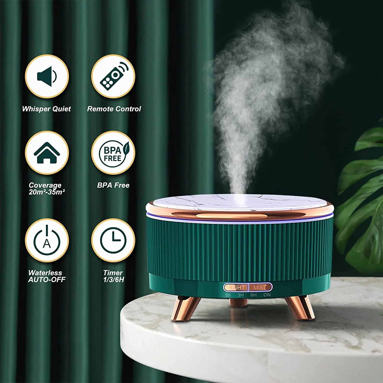 Diffusers for Essential Oils Large Room Humidifier, 500Ml Aromatherapy Diffuser Cool Mist Humidifier with Remote Control,7 Colors Lights & 3 Mist Mode Waterless Auto off for Women Office Home Green