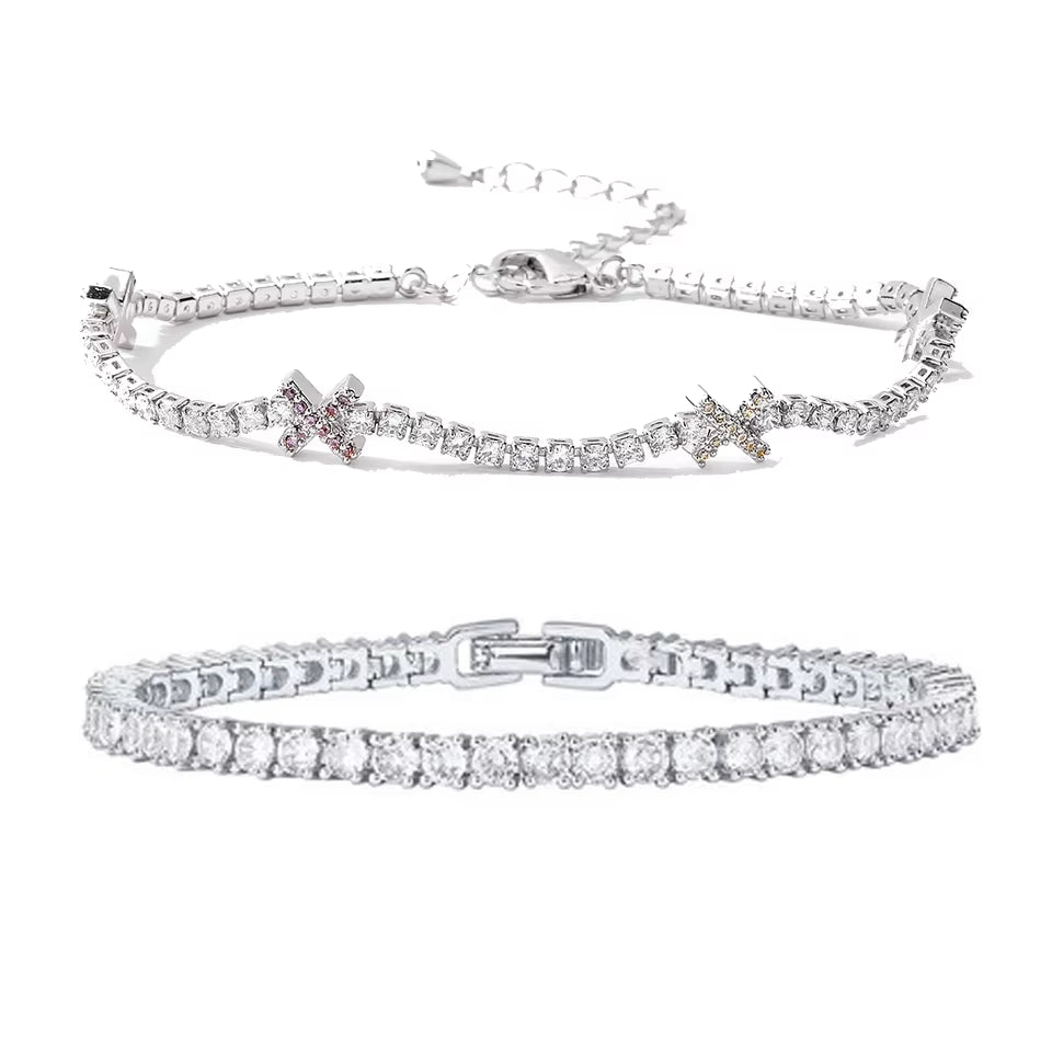 2Pcs Cross Design round Zircon CZ Tennis Bracelet for Women Simple White Gold Color Shiny Daily Stacked Bracelets