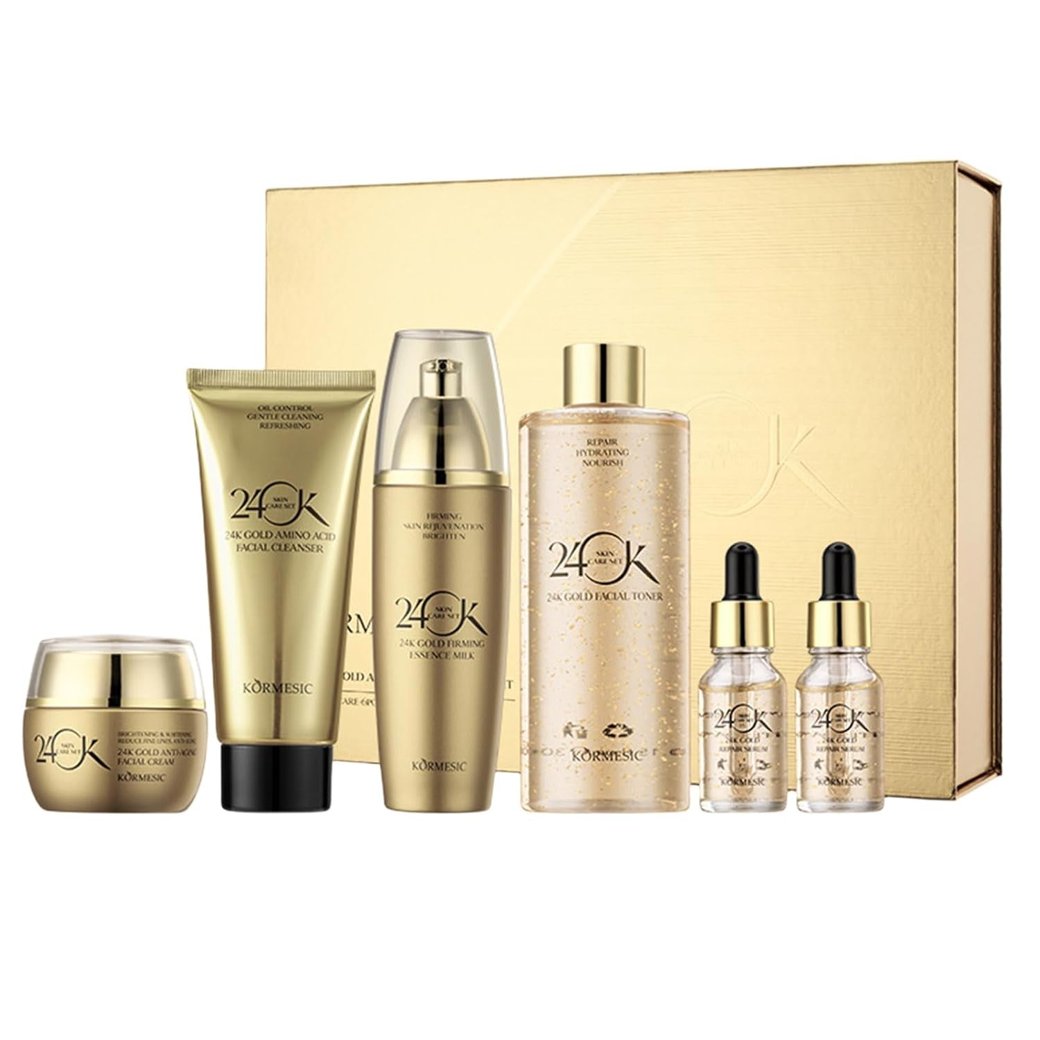 24K Gold Skin Care Set 6-Piece Collection 24K Skincare Set with Facial Cleanser, Face Serum 2Pcs, Eye Cream, Essence Milk, Toner, Anti-Aging Skin Care Kit for Women