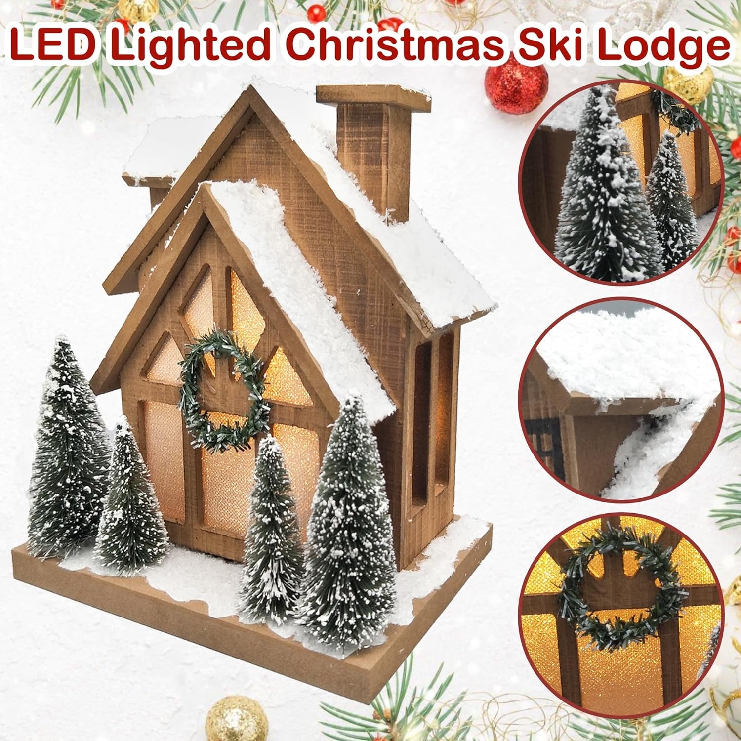 LED Wooden Snow Scene Christmas Village with Timer Rustic Holiday Decor