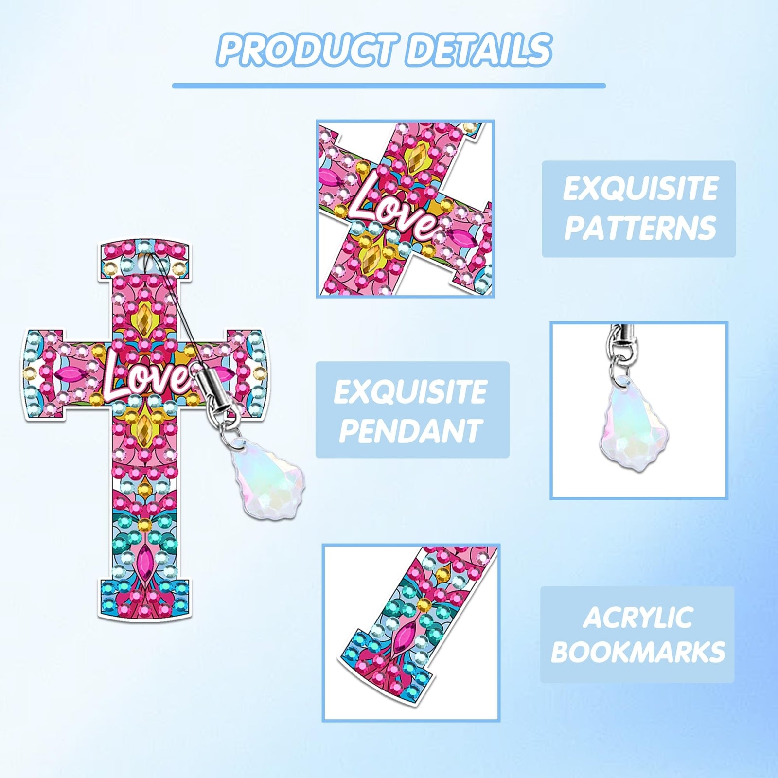 Cross Diamond Art Bookmark Kit: 8 Pcs Christian Bookmarks with Pendant