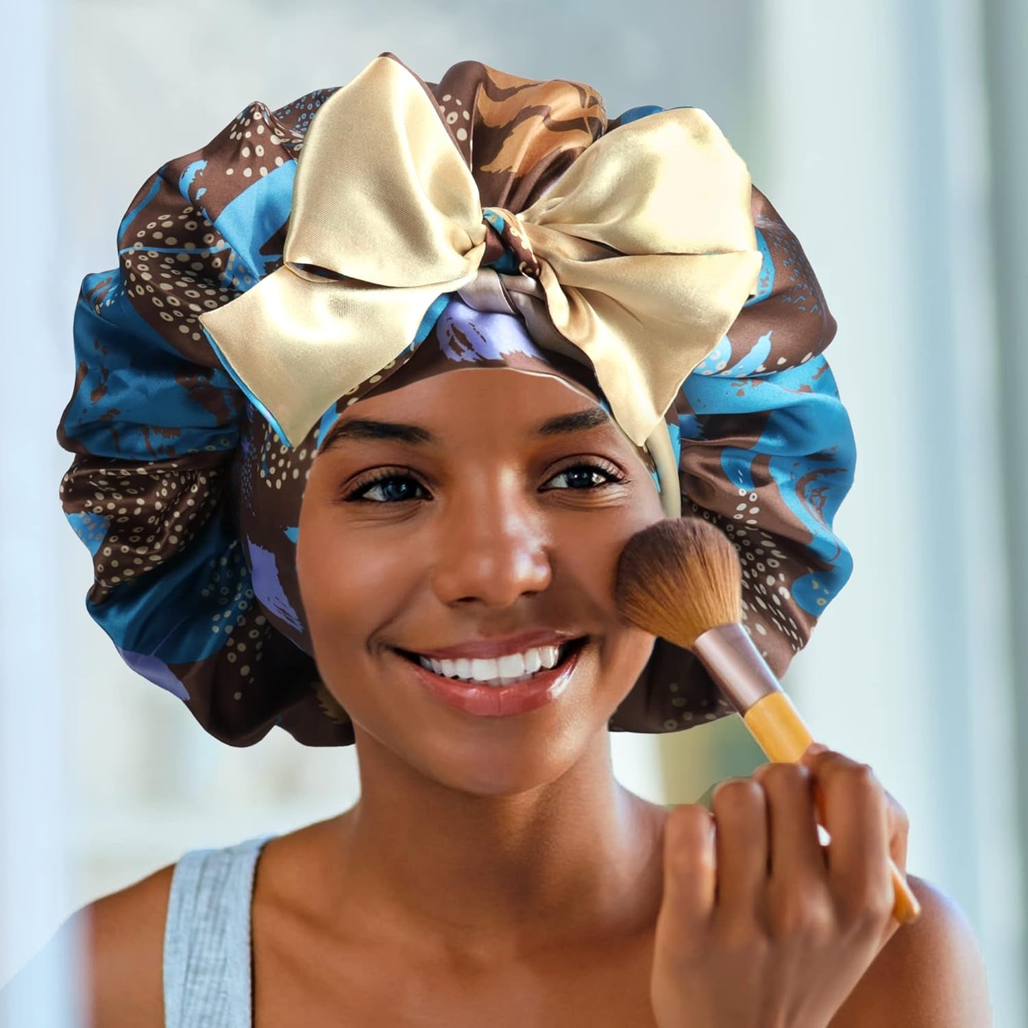Satin Bonnet for Sleeping, Silk Bonnet Hair Wrap, Double Layer Large with Tie Band Night Cap, Gifts for Women