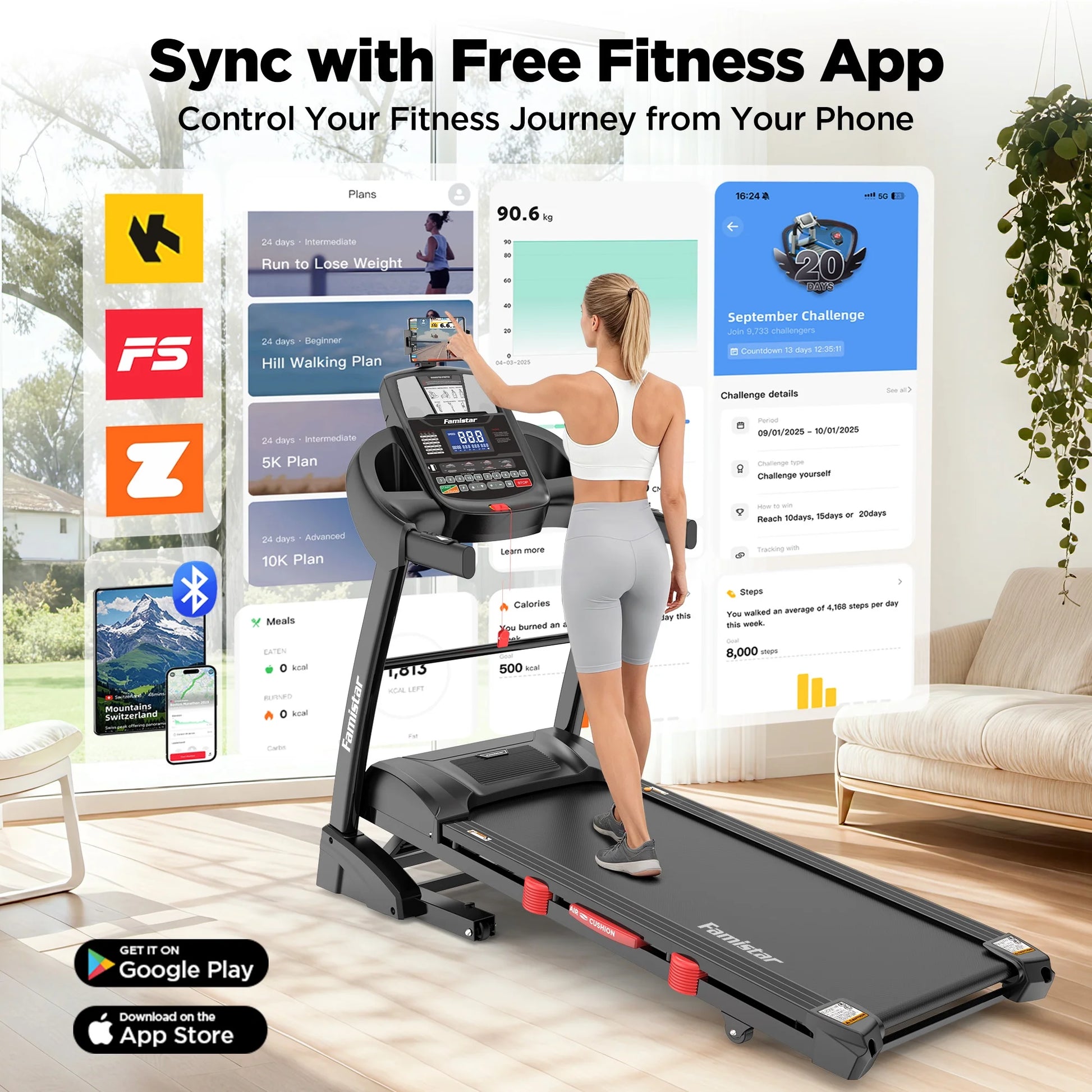 5.0HP Folding Treadmill for Home with 15 Auto Incline, Smart APP, 300Lbs, Hifi Bluetooth Speakers, 64 Programs, 10MPH Speed, Foldable Electric Treadmill Running Machine, Knee Strap Gift