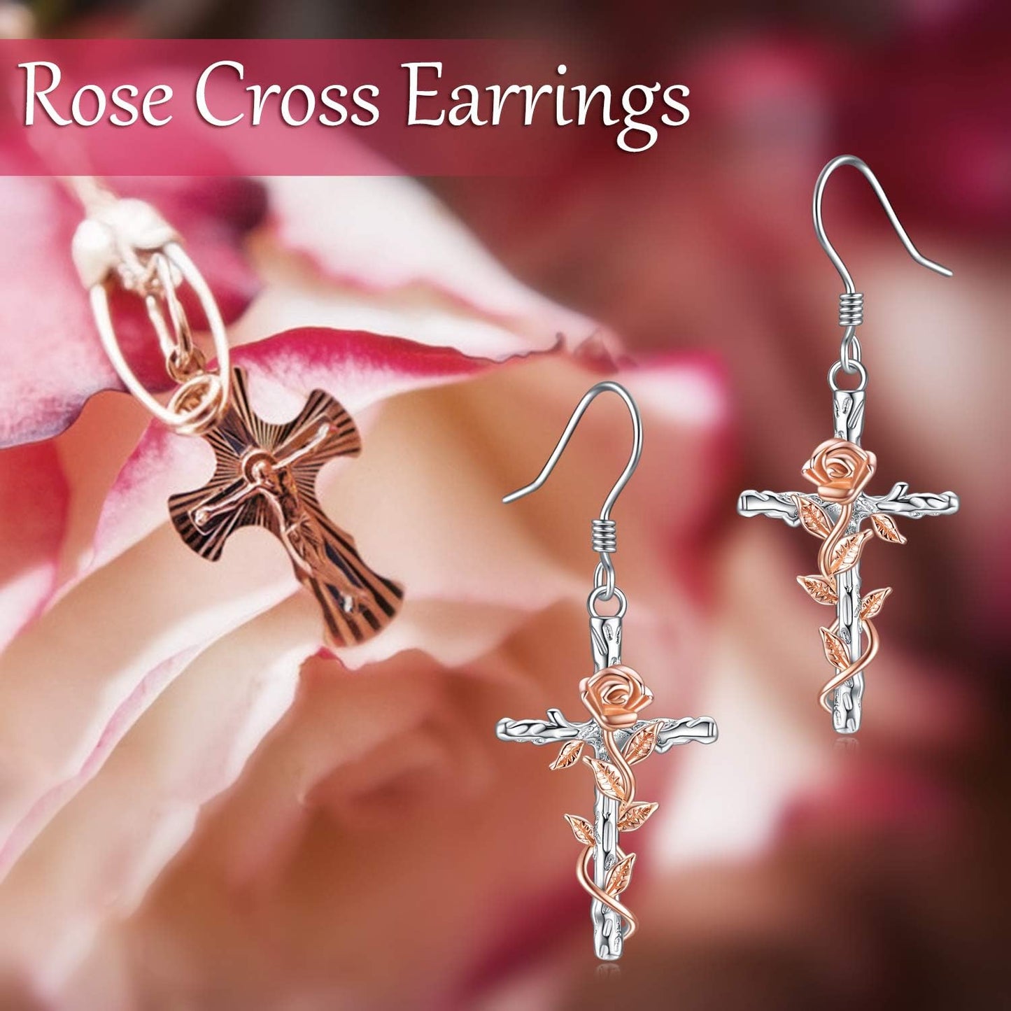 Cross Earrings Sterling Silver Rose Flower Cross Dangle Earrings Jewelry Gifts for Women