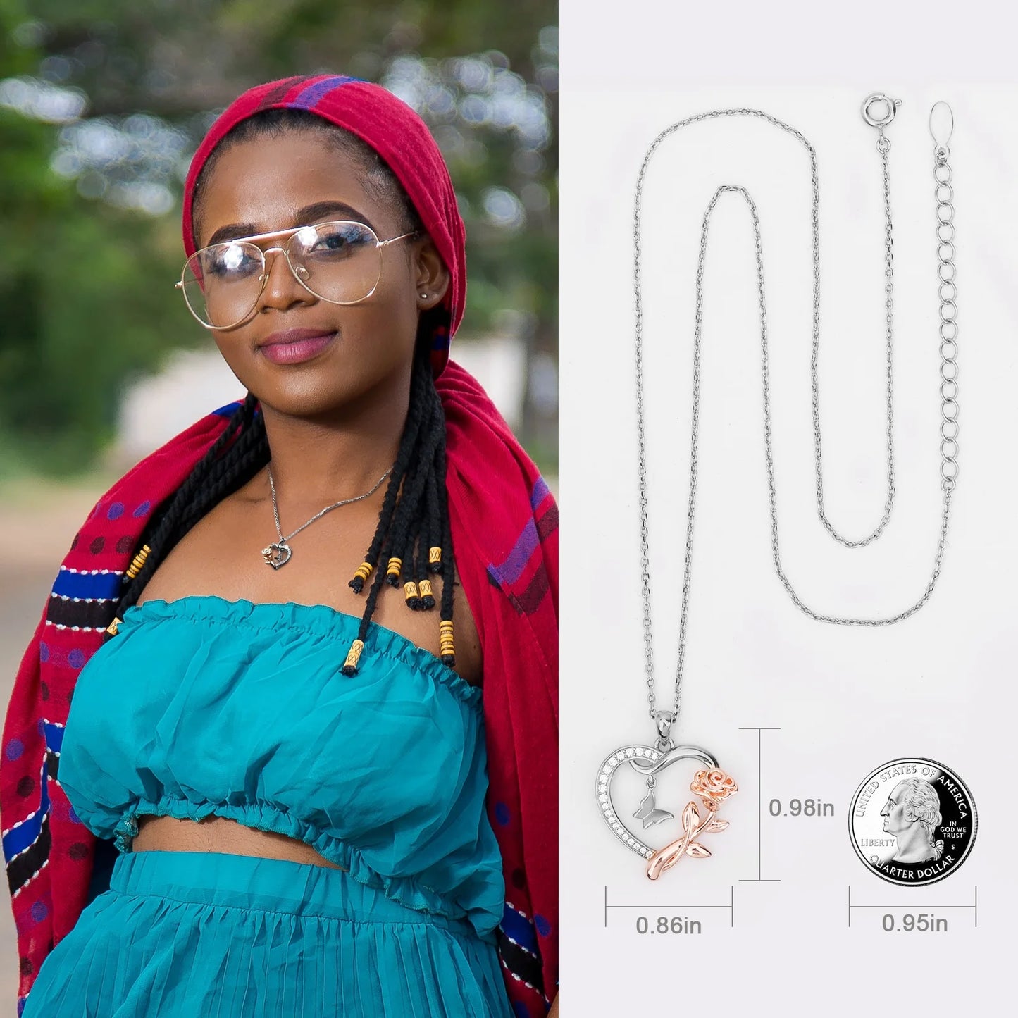 3PCS Jewelry Set Heart Necklace for Women Sterling Silver CZ Romantic Rose and Butterfly Jewelry for Women Birthday Valentine'S Day Gift