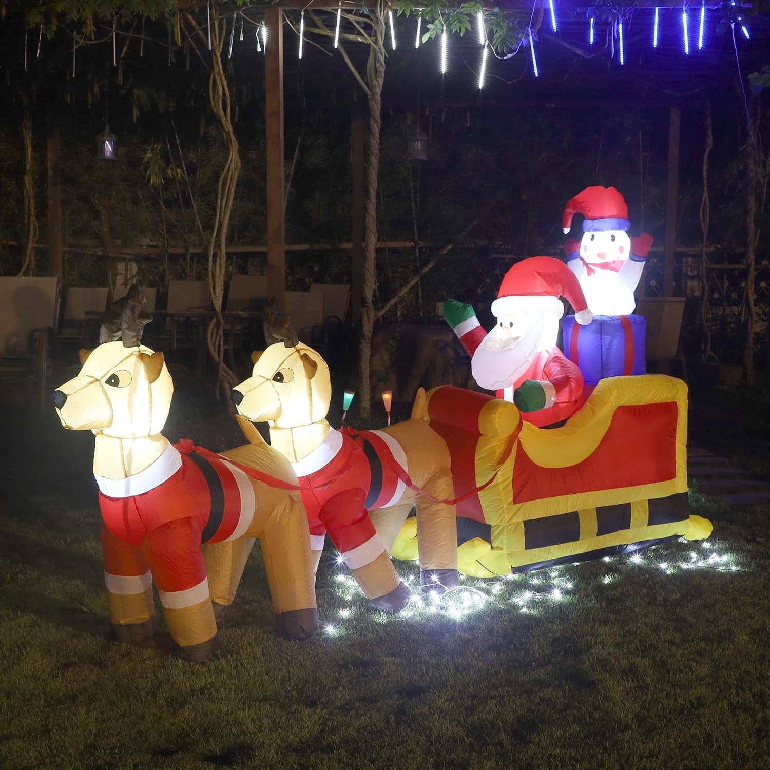 8Ft Inflatable Santa Claus & Snowman Sleigh with Reindeers for Holiday Decor