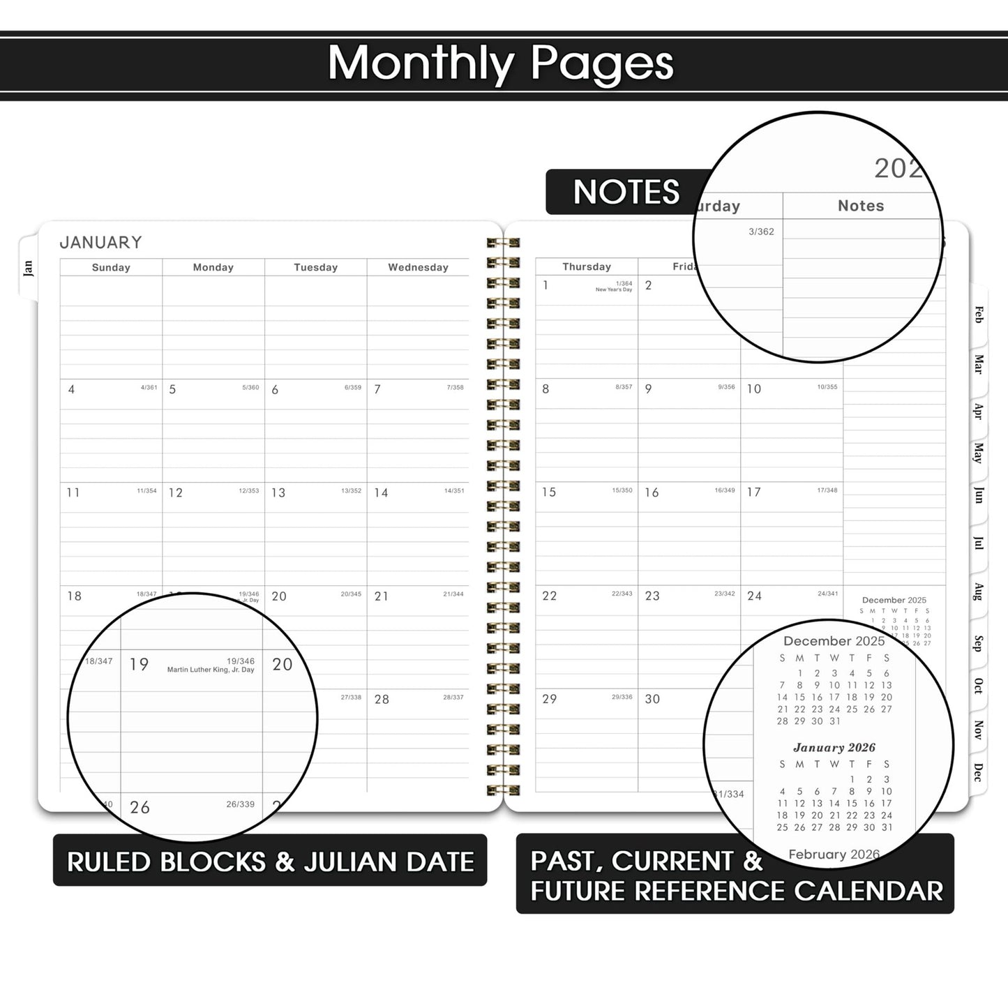 2026 Planner 8X10 Black Weekly Monthly Scheduling Organizer with Twin Wire Bi...