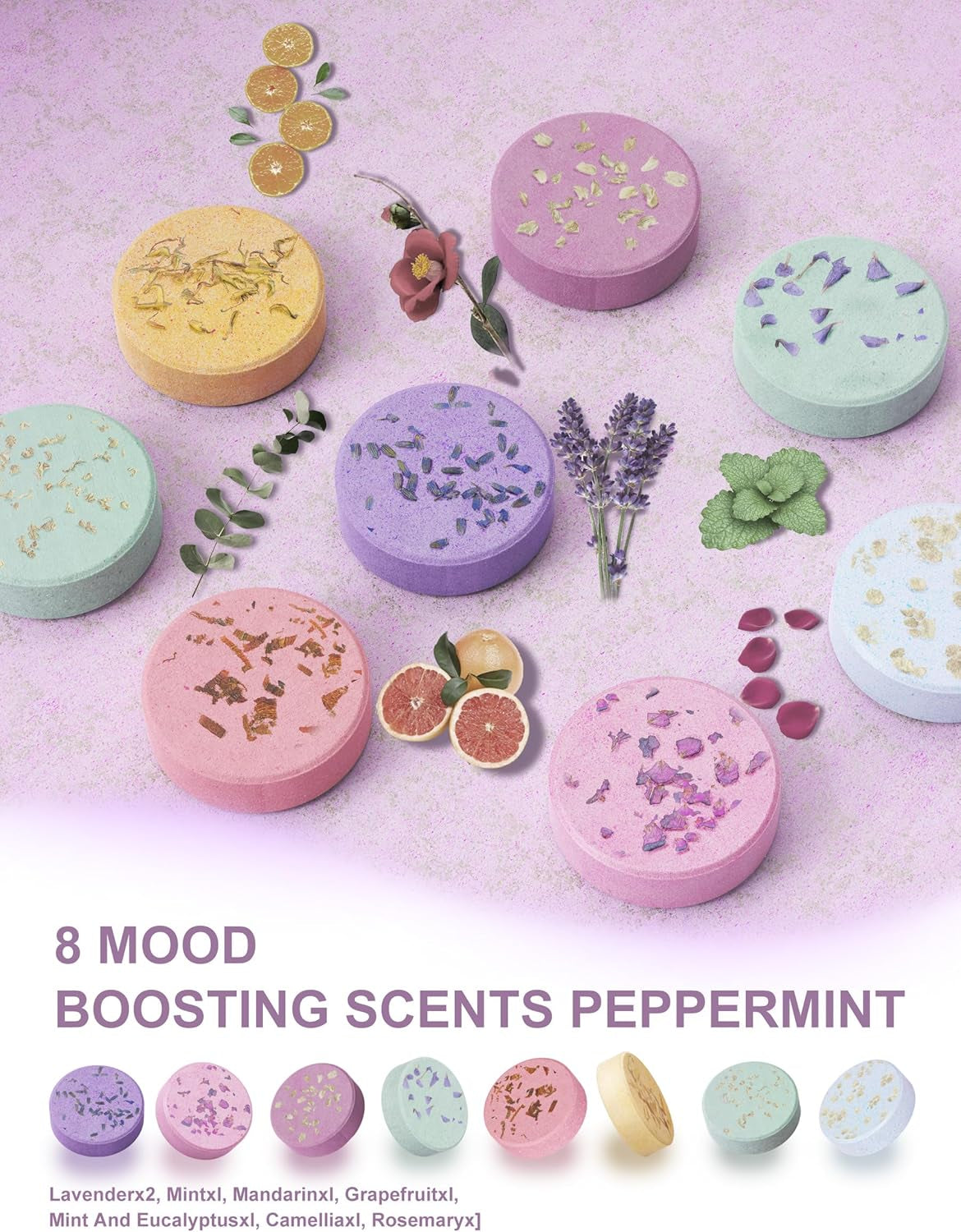 Shower Steamers – 8 Scents (Lavender, Mint, Orange, Grapefruit, Eucalyptus Mint, Camellia, Baby Powder, Rose) Aromatherapy Relaxing Spa Gifts for Women, Stocking Stuffers, Christmas Gifts