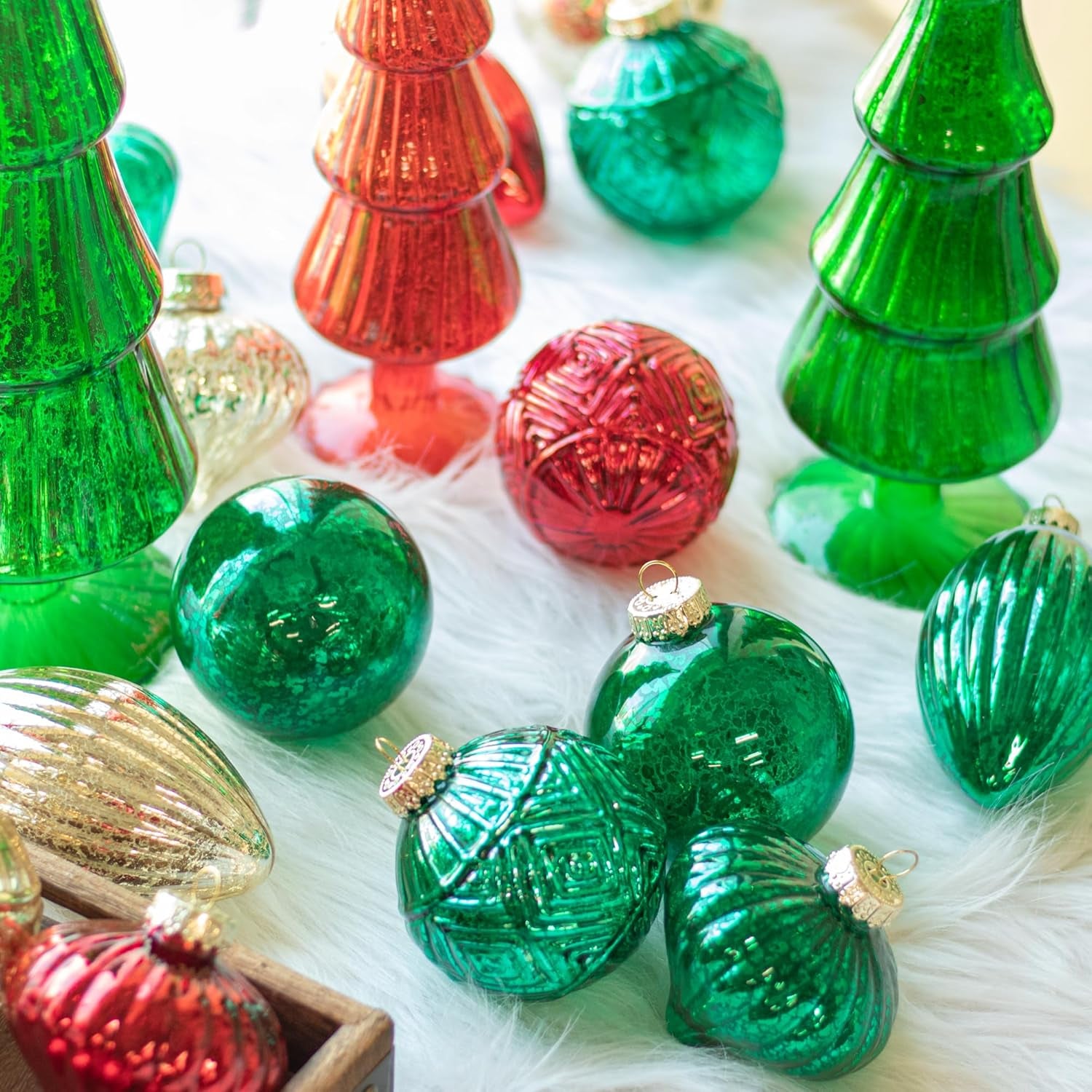 Set of 8 Green Mercury Glass Christmas Ornaments for Holiday Decor