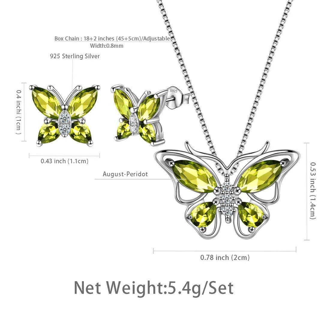 Green Butterfly Jewelry Peridot August Birthstone Jewelry Set Fine Necklace/Earrings 925 Sterling Silver Birthday Mother'S Day Gifts for Women