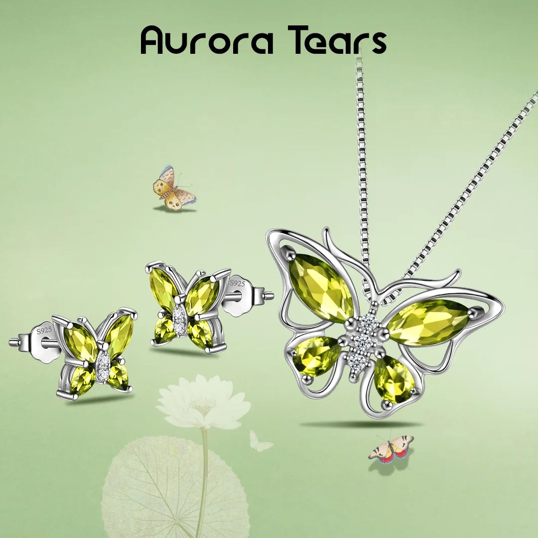 Green Butterfly Jewelry Peridot August Birthstone Jewelry Set Fine Necklace/Earrings 925 Sterling Silver Birthday Mother'S Day Gifts for Women