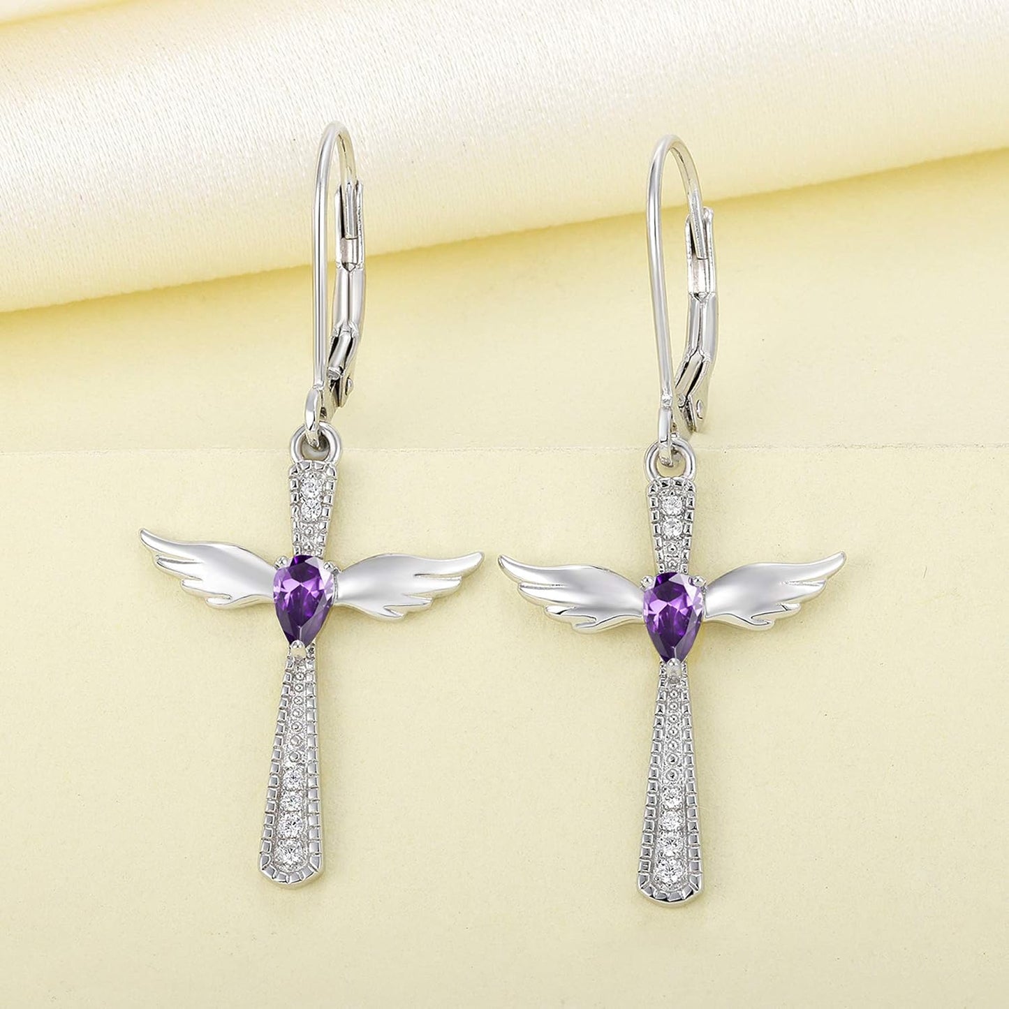 925 Sterling Silver Cross Dangle Drop Earrings Pear Cut Birthstone Angel Wings Leverback Earrings for Women