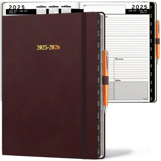 2025 2026 HARDCOVER Leather Planner Weekly & Monthly 8.5X11 Inches Academic Planner Business Personal or Student Pen Holder Thick Paper July 2025 June 2026 (Dark Red)