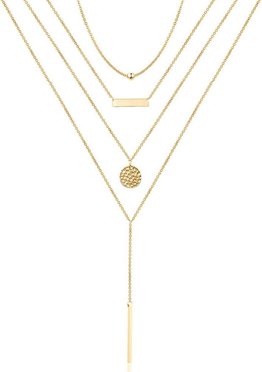 Dainty Layered Choker Necklace, Handmade Y Pendant Necklace Multilayer Bar Disc Necklace Adjustable Layering Choker Necklaces for Women