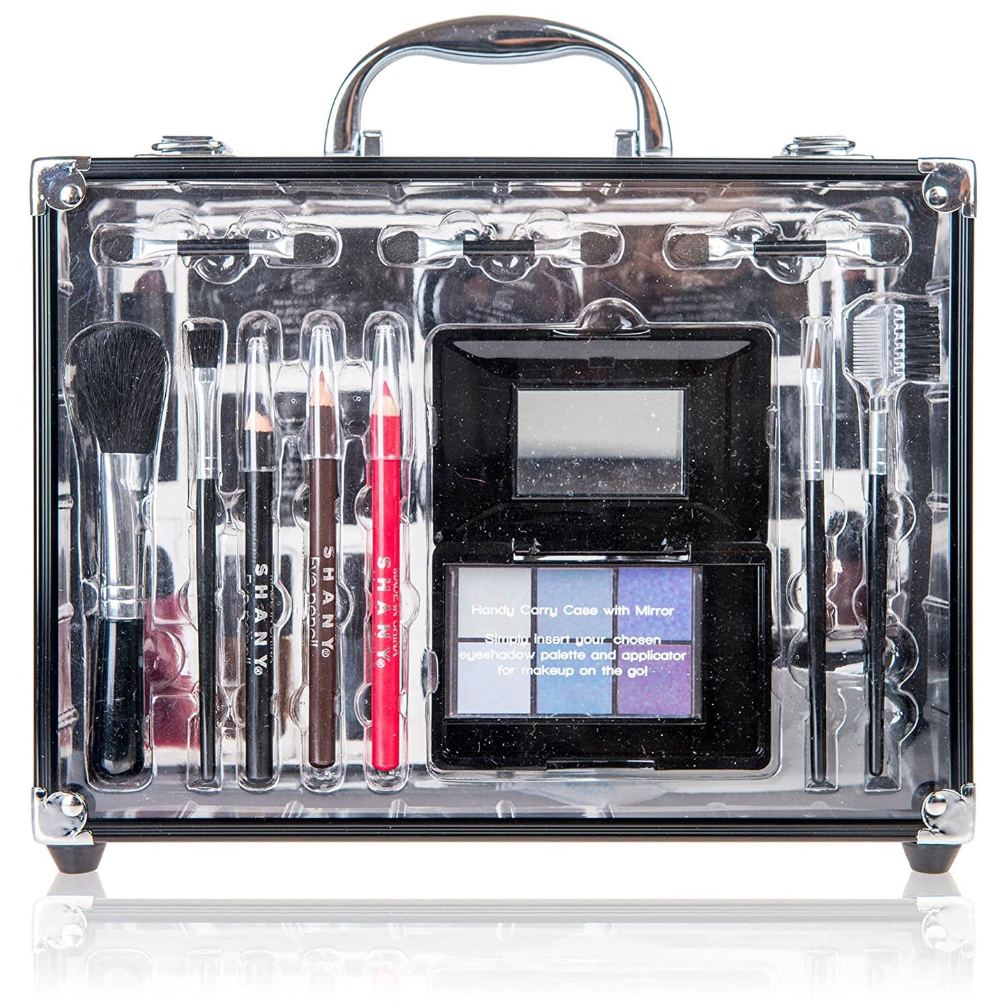 Carry All Trunk Makeup Train Case with Re-Usable Aluminum Beauty Storage Organizer Case. Make up Set with Eye Palettes, Blushes,Face Powders, Manicure, Pedicure and Cosmetics Brushes. GIFT SET