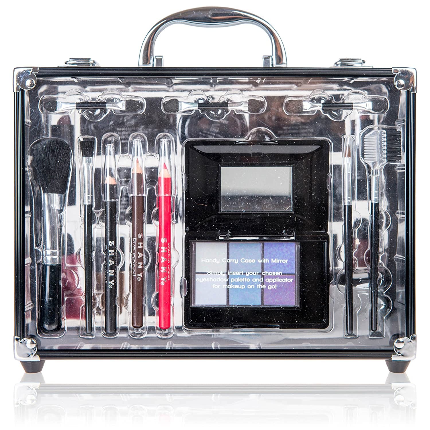 Carry All Trunk Makeup Train Case with Re-Usable Aluminum Beauty Storage Organizer Case. Make up Set with Eye Palettes, Blushes,Face Powders, Manicure, Pedicure and Cosmetics Brushes. GIFT SET