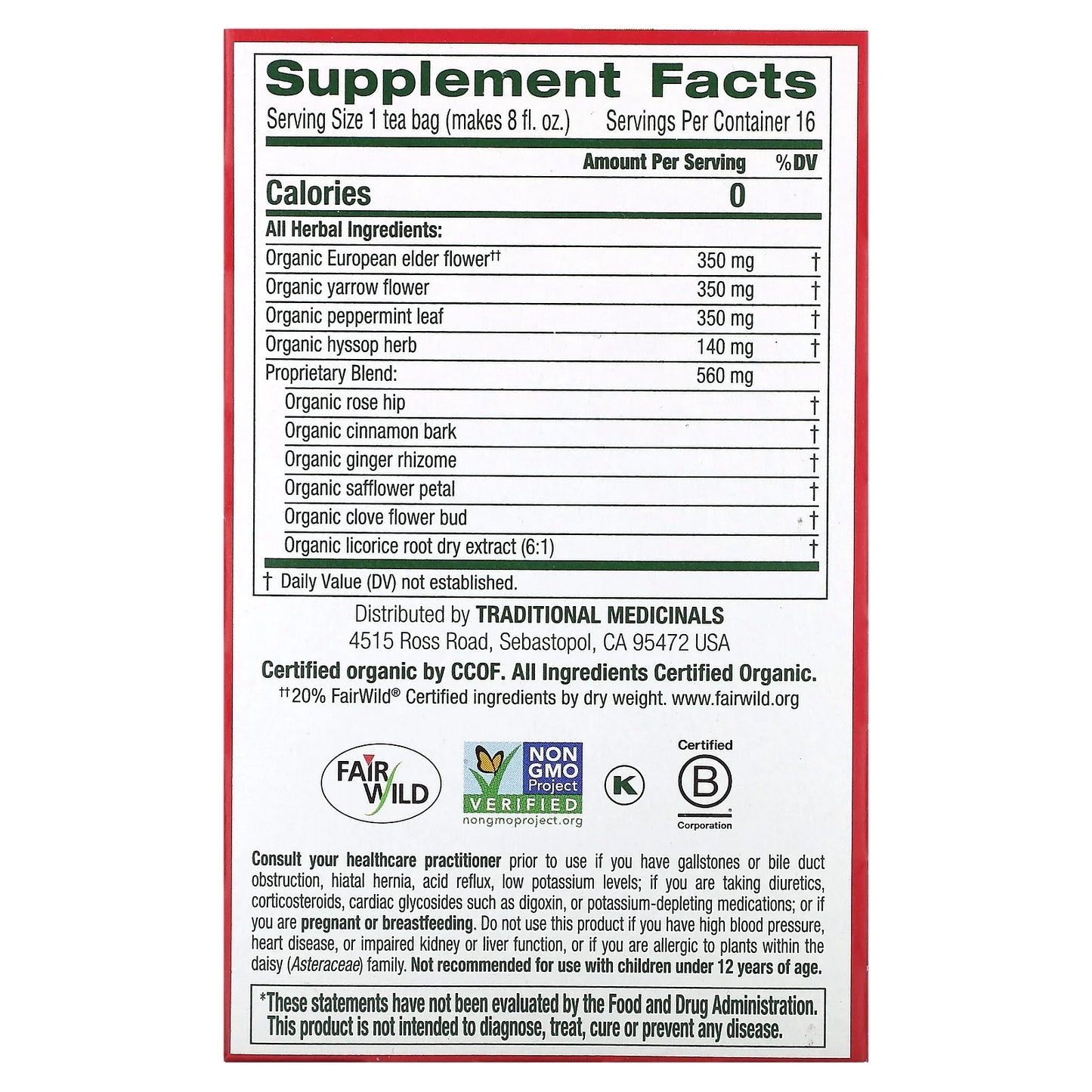 Tea, Organic Herbal Cold Care, Elderflower Spice, Tea Bags, 16 Ct.