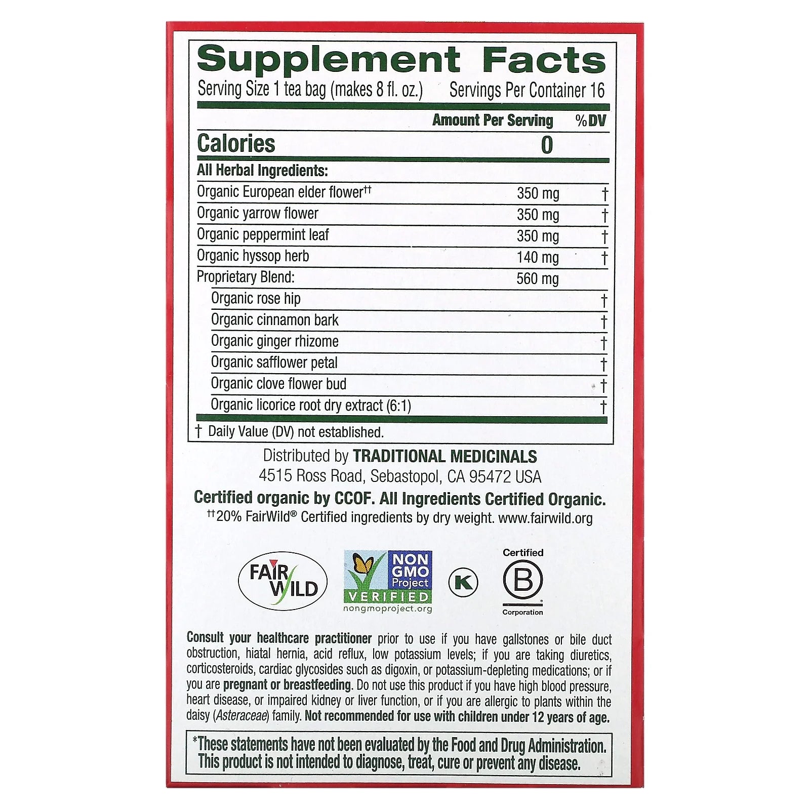 Tea, Organic Herbal Cold Care, Elderflower Spice, Tea Bags, 16 Ct.