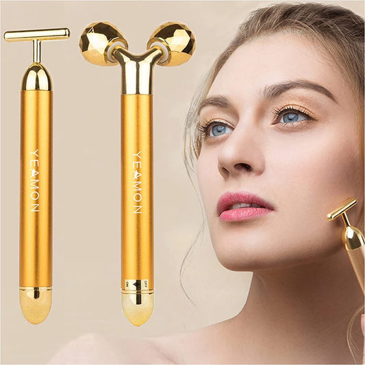 2-In-1 Electric Face Massage 24K Golden Facial Massager Device, 3D Roller and T Shape Facial Roller Massager Kit Metal Skin Care Tools,Anti-Wrinkles, Skin Tightening, Face Firming