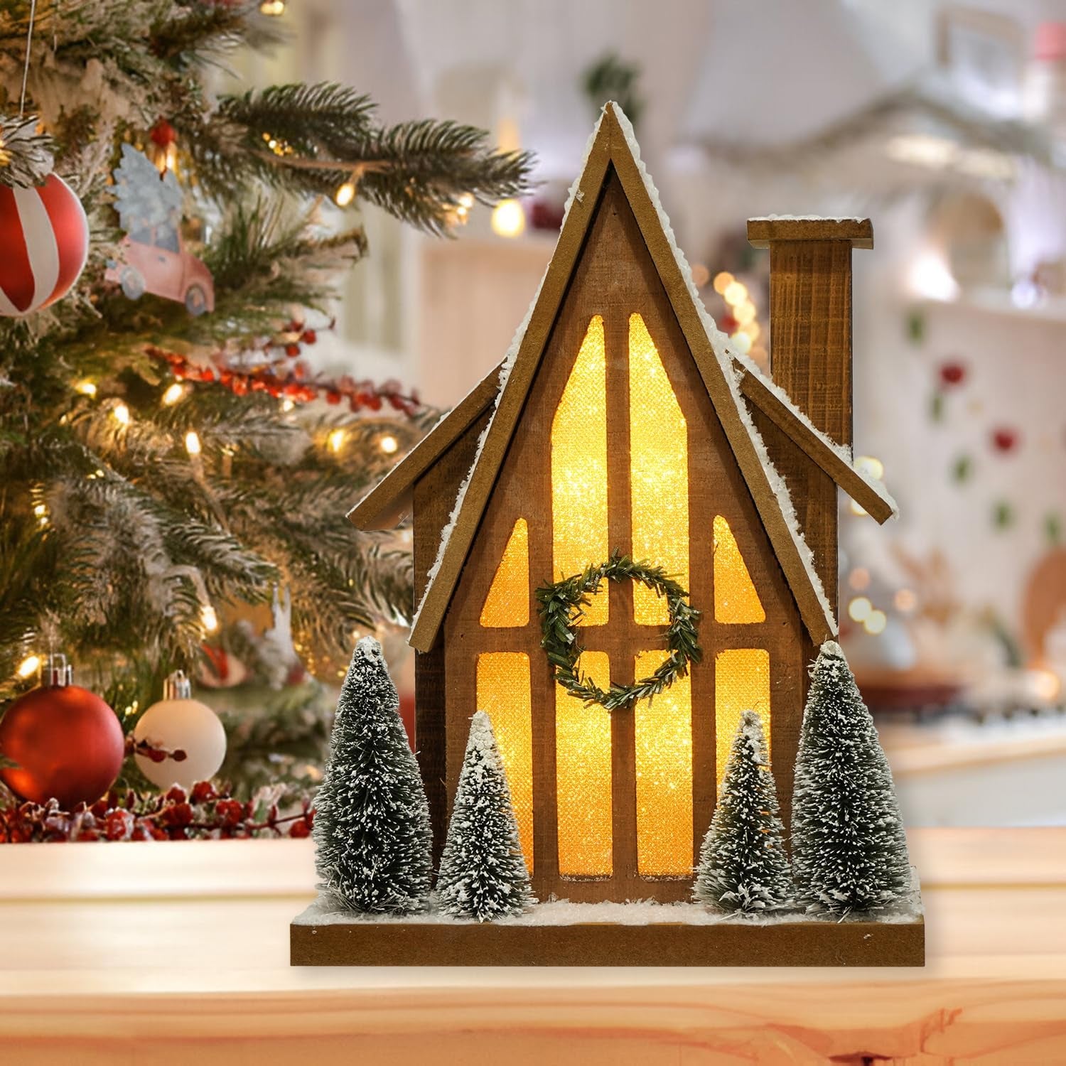 LED Lighted Christmas Village Ski Lodge with Timer - Rustic Holiday Decor