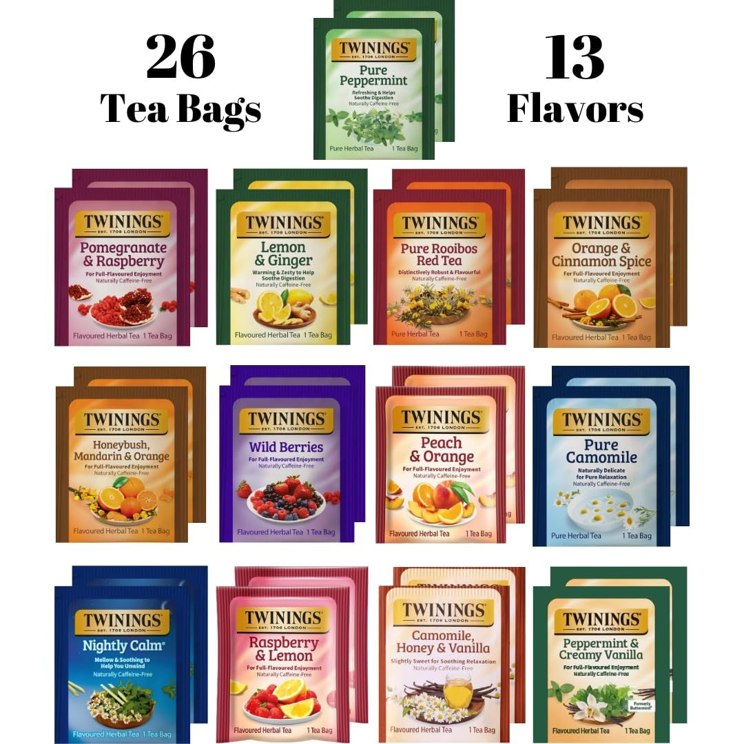 Twinings Herbal Tea Assortment 26 Bags 13 Caffeine Free Flavors Variety Pack